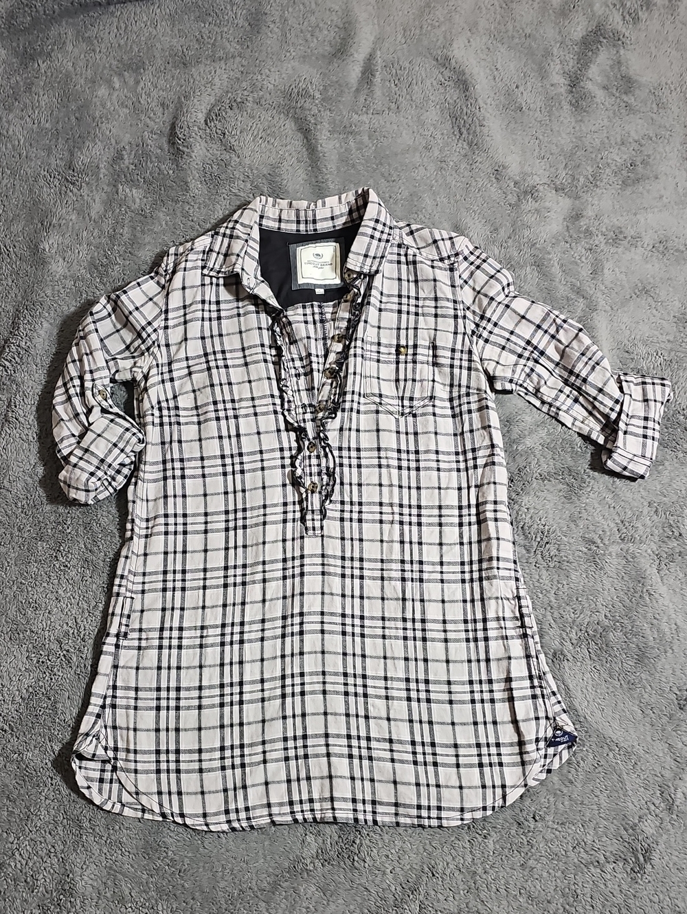 Timeout Plaid Ruffle Henley Style Tunic Black Grey Roll Up Sleeve Cotton Size L